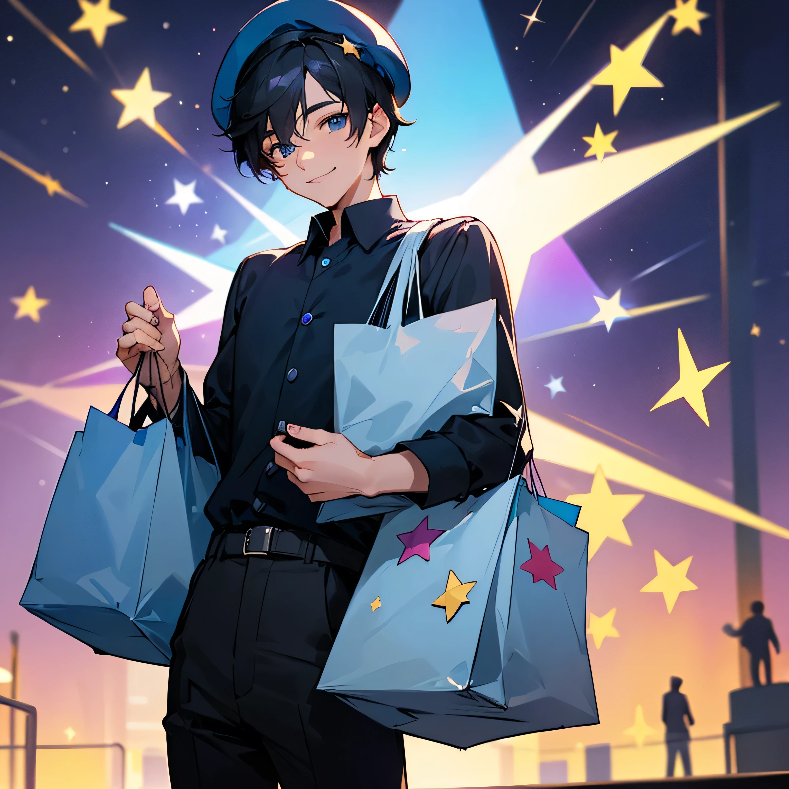1boy, one charming adult man, short black hair, blue eyes, smiling, wearing a dark blue beret with a star on it, dark blue shirt with stars on it, black pants, holding purple shopping bags, mall and clothes in the backround, ultrasharp, 8k, masterpiece, looking at viewer