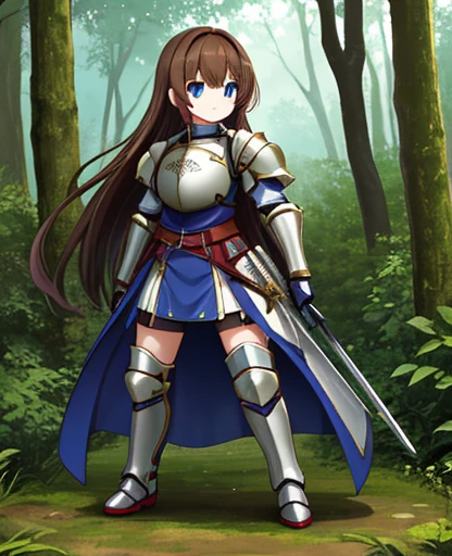 A Beautiful Female Knight, (with a Metal Breastplate, Metal Shoulder Pads, and Metal Shin Guards), Long-ish Brown Hair, Beautiful Blue Eyes, curvy figure, standing in a forest, with a battle ready stance,