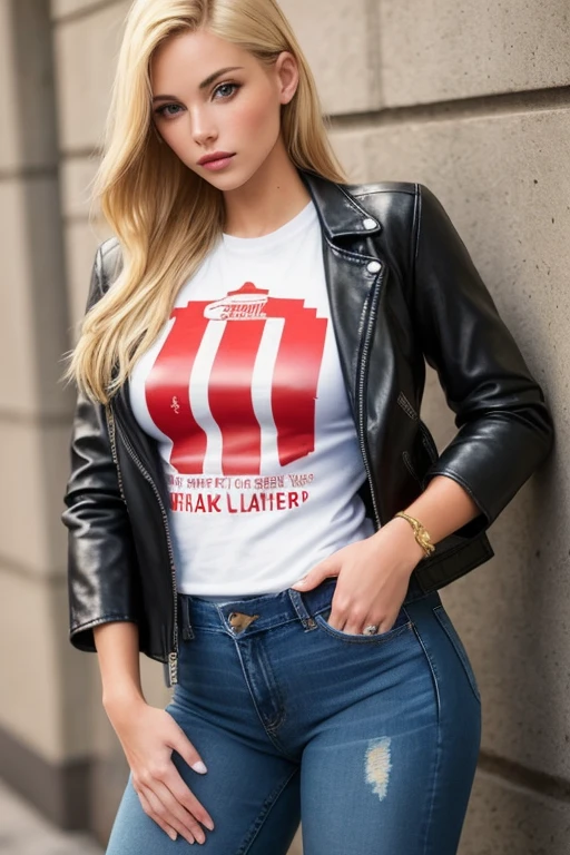 ((best quality)), ((masterpiece)), (detailed) , beautiful American blonde women, wearing black leather jacket over over red printed t-shirt and blue jeans, in handcuffs
