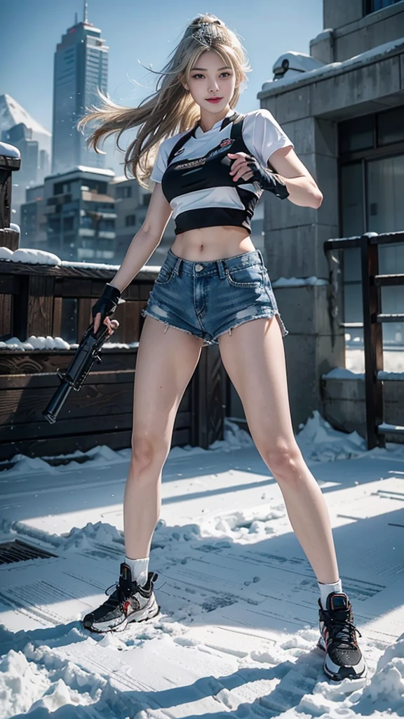 (8K、original photo、Top quality、masterpiece:1.2)、(Realist、Photorealistic:1.37)、Ultra Detailed、Ultra-high resolution、Wearing white navel-baring short-sleeved，Blue denim super shorts，Hourglass figure，Wearing black tactical gloves，sports shoes，blond，Girl with two braids，Close-up shot of a man shooting with a gun in the snow、Full body close-up，Fighting Stance，Shooting Stance，With a gun，Target your audience, 持pistol, pistol，Aiming the gun，Bullet special effects，Full body close-up，Snow mountain background，winter，snow，Explosion effects，Bullet special effects，Crowds in the distance，Facing the audience，Smile，White skin、Smooth skin、Extremely beautiful face，Dynamic Angle、Dynamic Lighting
