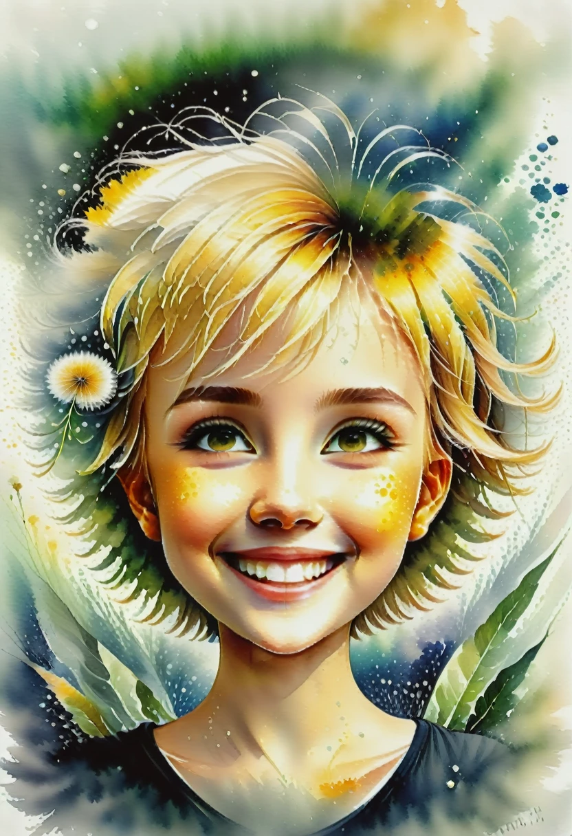 stunning mini-girl, short blonde hair disheveled, sticking out, smile, close-up face, huge eyes, looking at a dandelion, minimalism, blurred watercolor, wet watercolor, watercolor drawing, delicate shades of white