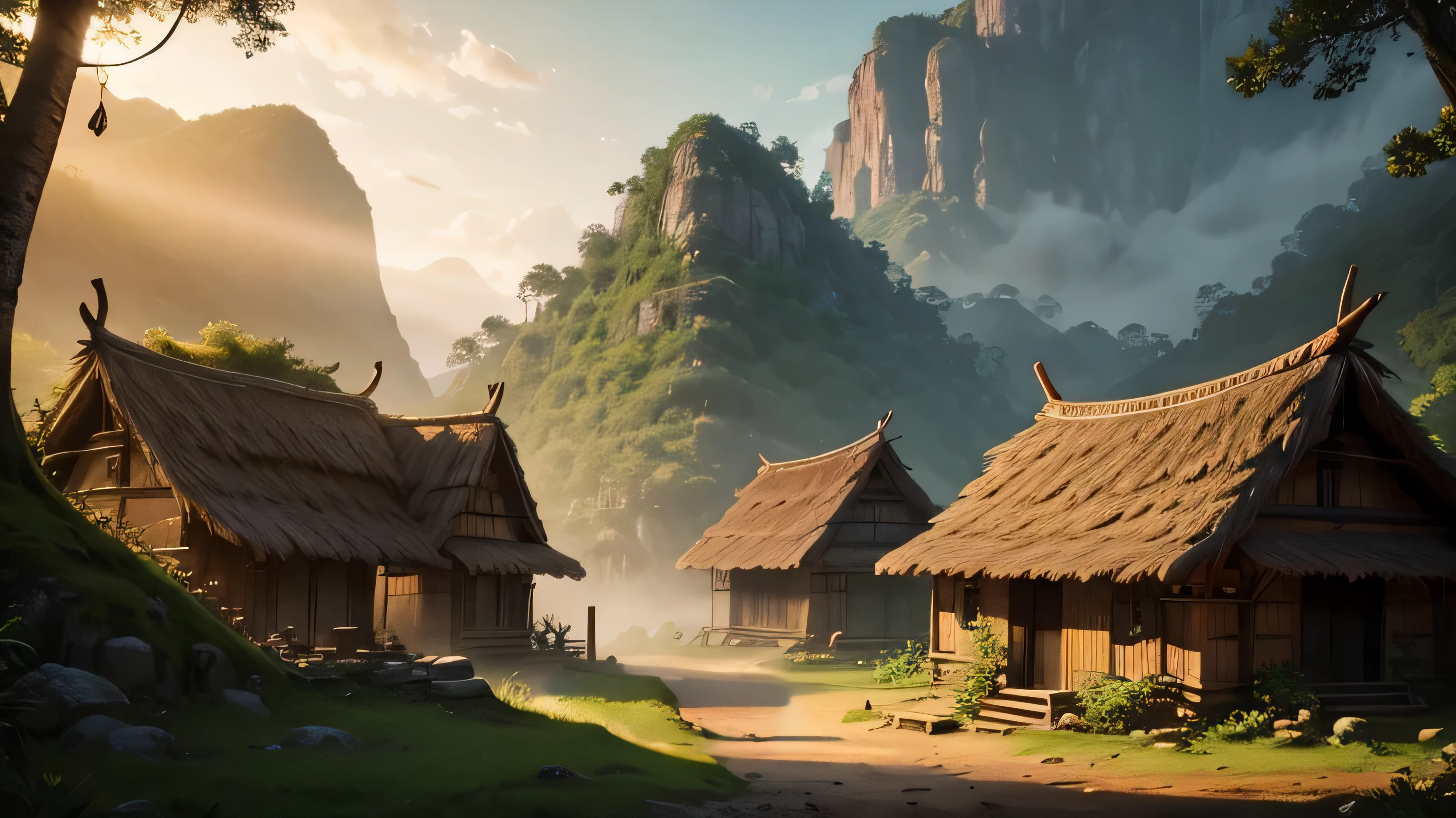 a tribal village in the lush, dense jungle, huts made of natural materials, people in traditional tribal clothing, campfires, detailed foliage, ancient stone ruins, mystical atmosphere, cinematic lighting, warm color tones, high detail, photorealistic, masterpiece, no people