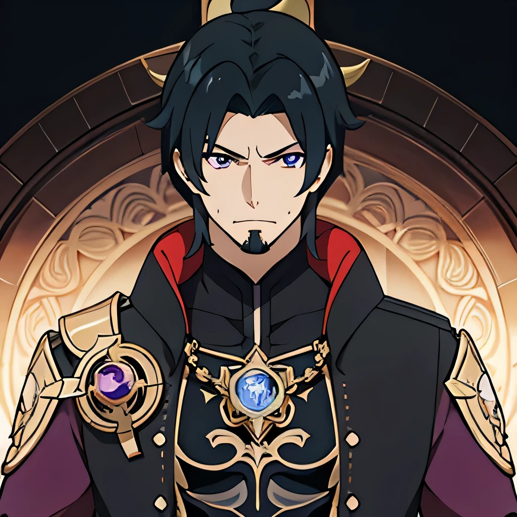 Full HD, best resolution, detalhes perfeitos, simply white background, impacto genshin muscular male character, unique character, Serious appearance, black suite, , wavy black hair, smoothing for behind, goatee, visual novel, detailed black armor, high qualiy, cinematic, dramatic pose, details Intricate, swirly vibrant colors, work of art, impacto genshin, purple jewel on a golden coat of arms