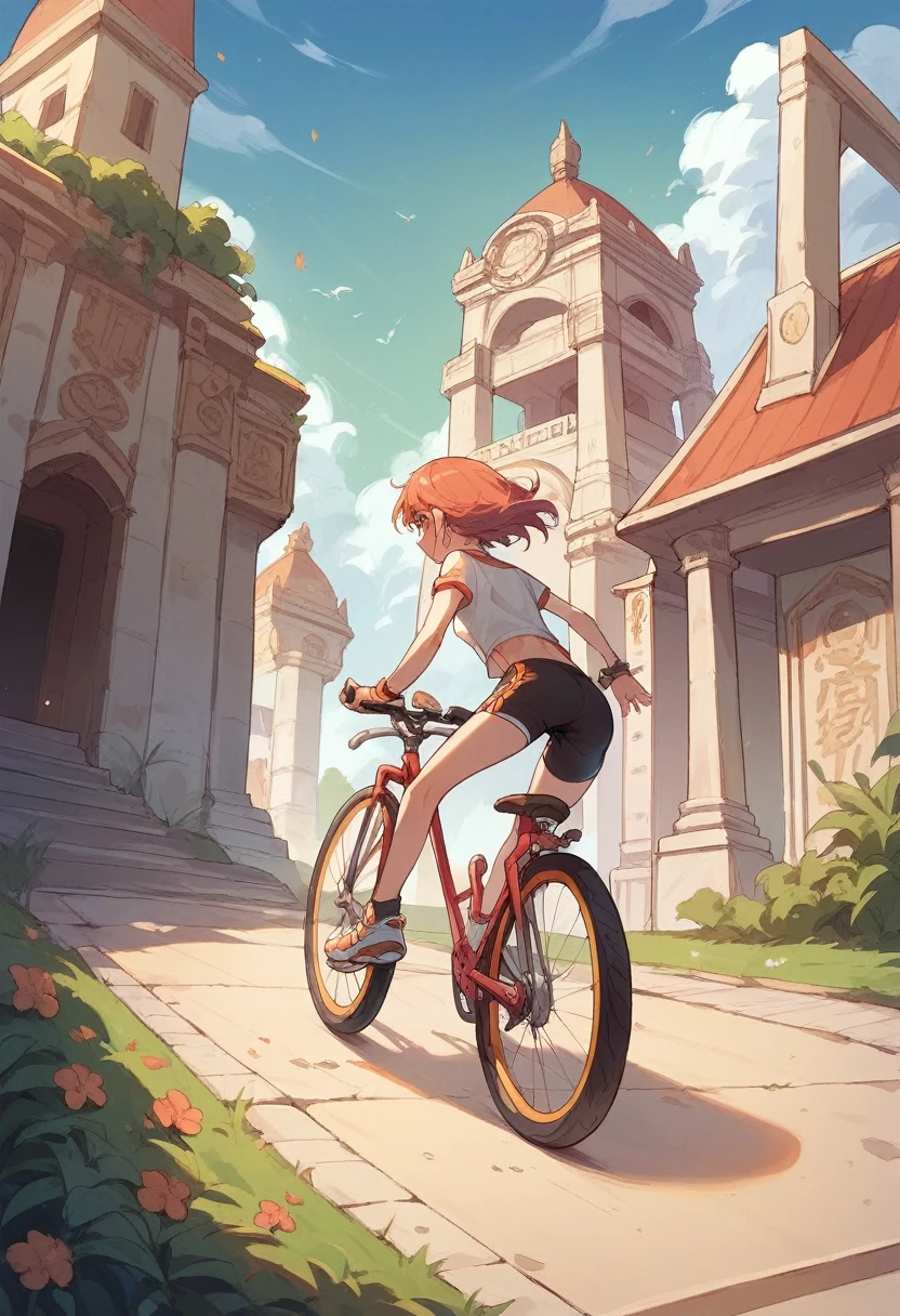 a girl rides a bicycle, in running shorts, short shorts, Temple Composed of golden cubic stones.
