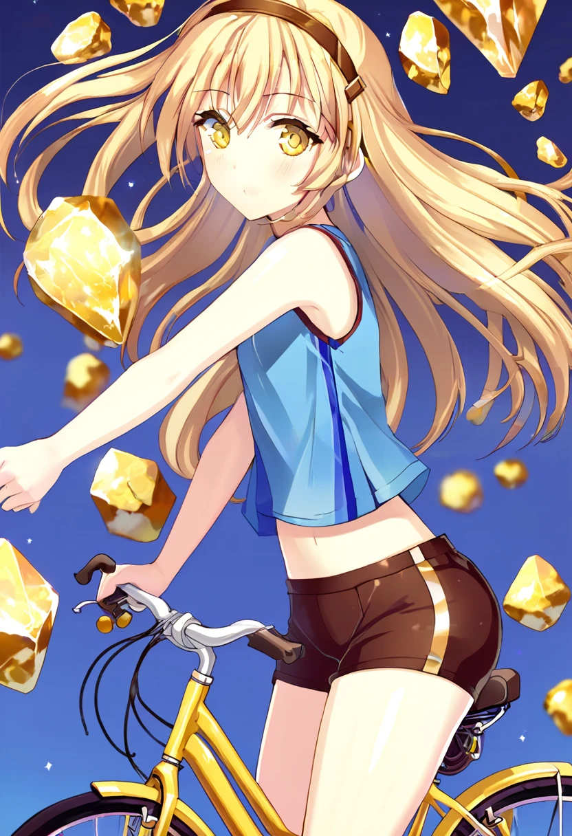 a girl rides a bicycle, in running shorts, short shorts, Temple Composed of golden cubic stones.
