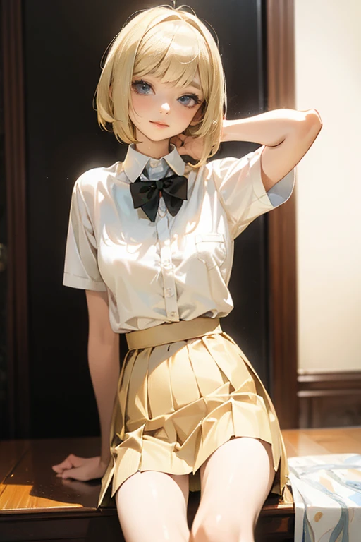 Best quality,Masterpiece,Realistic,fine quality products,delicate detailed picture,gyaru,slim,blonde bobcut hair,very small breasts,shirt,pleated skirt,looking happy