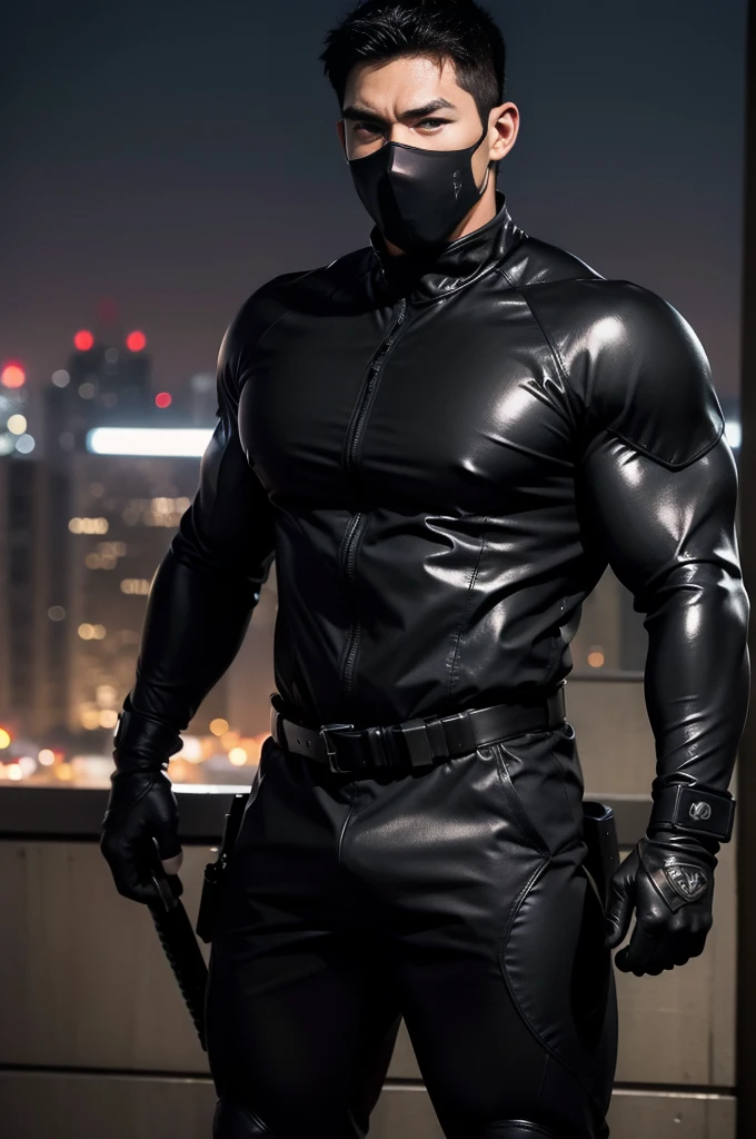 ((realistic: 1.5)),((best quality)), ((masterpiece)),((detailed)), male ninja, Vigilante, Caucasian American, handsome, photorealistic face,short hair, attack position, ninja vigilante tactical superhero outfit, katana on the back,wearing shiny black rubber suit, leather gloves, just outside of the city with evening cityscape in the background, huge biceps, huge muscles, muscular big body,