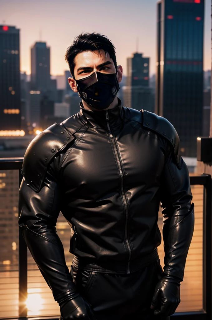 ((realistic: 1.5)),((best quality)), ((masterpiece)),((detailed)), male ninja, Vigilante, Caucasian American, handsome, photorealistic face,short hair, attack position, ninja vigilante tactical superhero outfit, katana on the back,wearing shiny black rubber suit, leather gloves, just outside of the city with evening cityscape in the background, huge biceps, huge muscles, muscular big body,