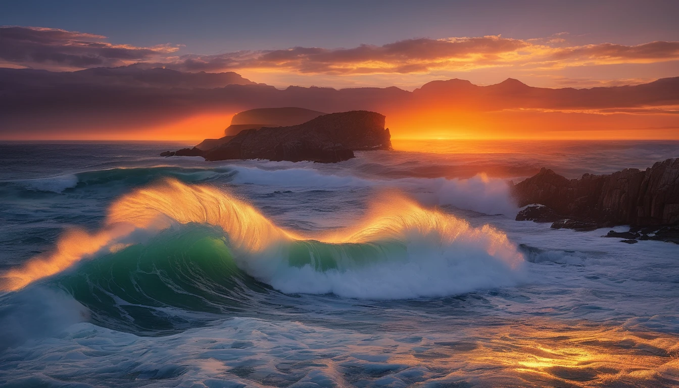 arafed view of a sunset over the ocean with waves crashing, chaotic sea setting, vibrant sunrise, breathtaking colors, breathtaking look, vibrant sunset, breathtaking composition, beautiful sea landscapes, stunning sunset, magnificent background, sunset glow, beautiful background, beautiful dreamy breathtaking, marc adamus, warm beautiful scene, epic sunset, beautiful sunset, beautiful sunset glow, beautiful ocean