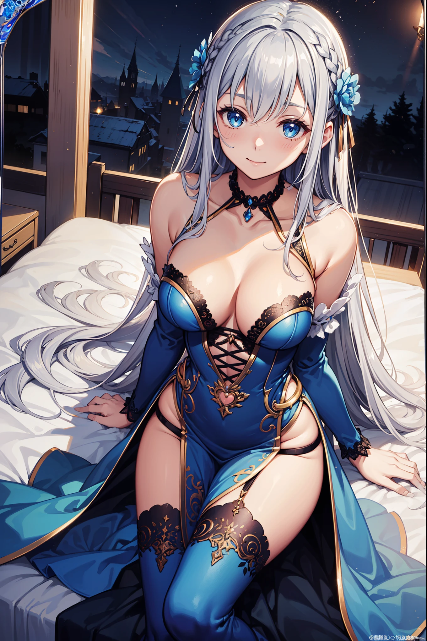 Girl,magic,Having fun,in love,(西方magic白衣),Silver hair,Blue eyes,Transparent Clothes,Exquisite hair accessories,Transparent lace,Sky blue pattern,night,Beautifully dressed,bedroom,Alone,night,Carved suspender boots,Delicate beautiful face