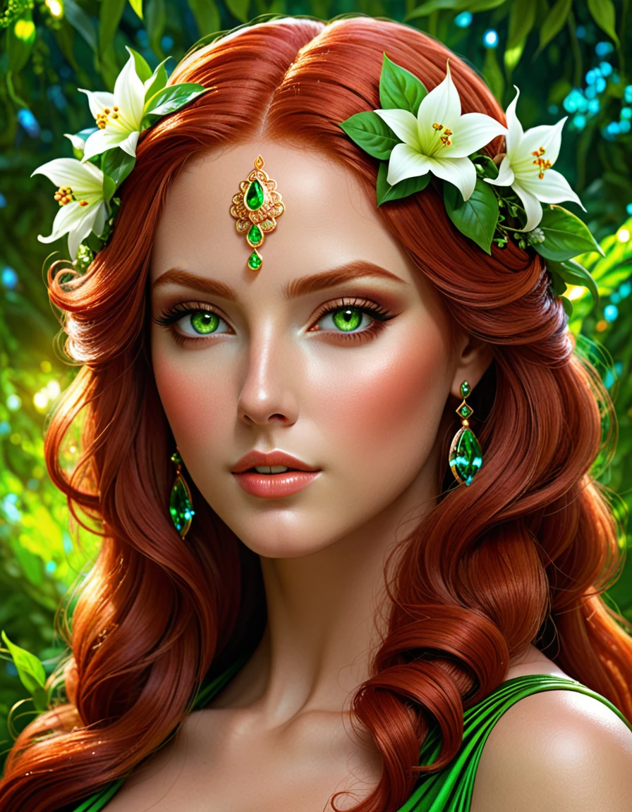 very beautiful portrait of a beautiful goddess, beautiful fantasy girl, Beautiful girl, The mythology of the goddess of the earth, beautiful fantasy portrait, flower goddess, red hair with green eyes detailed face, , in glazing technique , digital painting, glazing technique, 3D графика, HD,