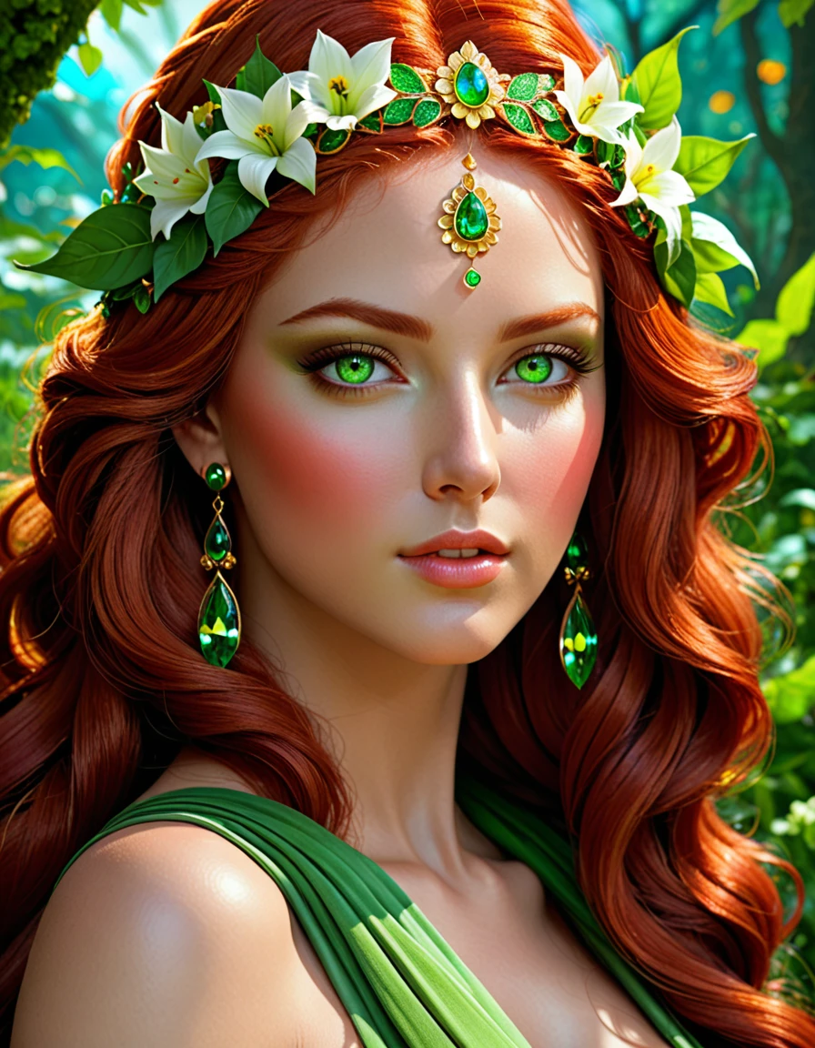 very beautiful portrait of a beautiful goddess, beautiful fantasy girl, Beautiful girl, The mythology of the goddess of the earth, beautiful fantasy portrait, flower goddess,  red hair with green eyes detailed face, , in glazing technique , digital painting, glazing technique, 3D графика, HD,