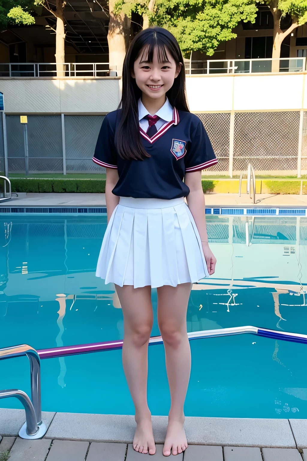 Standing by the school pool、Japanese high school girls、Short、Cute face、Smiling、Long black hair、Uniform summer uniform、mini skirt、barefoot、Full body portrait