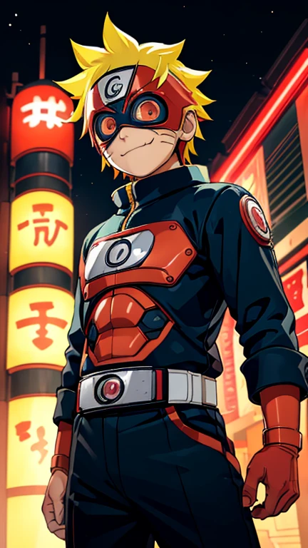 (8k),(masterpiece),(Japanese),(8-year-old boy),((innocent look)),((Childish)),From the front,smile,cute,Innocent,Kind eyes,Flat chest, Uzumaki Naruto, Superhero,Kamen Rider,red helmet,red domino mask,Yellow Hair,Strong wind,night,dark, Neon light cyberpunk Konoha village