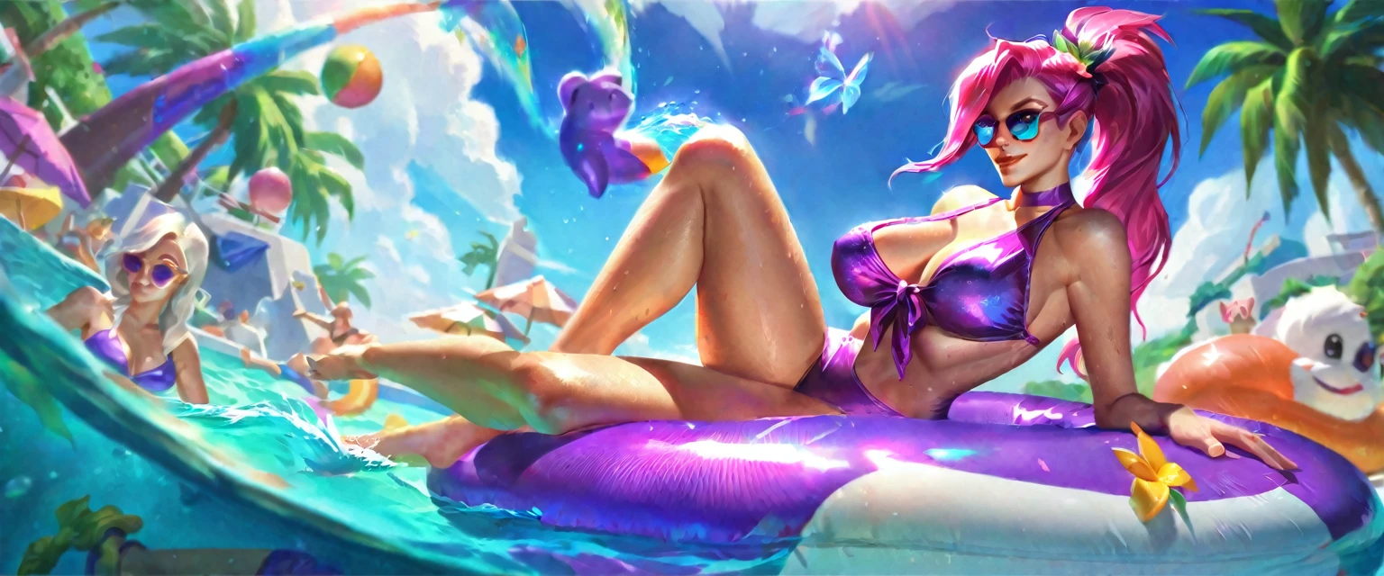 best aesthetic, lolsplashart, pool miss fortune, 1girl, solo, long hair, breasts, looking at viewer, smile, bangs, very large breasts, swimsuit, cleavage, pink lipstick, kiss marks, medium breasts, green eyes, pink hair, white hair, ponytail, flower, outdoors, butterfly, sky, day, bikini, cloud, tree, water, pedal, blue sky, butterfly wings, purple bikini, pool float, sunglasses, palm tree, beachball, beach umbrella, ocean waves, a beautiful young woman with long pink hair, wearing a purple bikini and sunglasses, lounging on a pool float in a sparkling blue pool. She is surrounded by tropical flowers and palm trees, and the scene is set against a backdrop of a bright blue sky with fluffy white clouds. The woman's pose is relaxed and carefree as she floats in the pool, enjoying the sunshine. The colorful flowers, pool float, and her bold purple bikini all contribute to the fun, summery vibe. The overall atmosphere is cheerful and lighthearted, capturing the essence of a perfect poolside day.