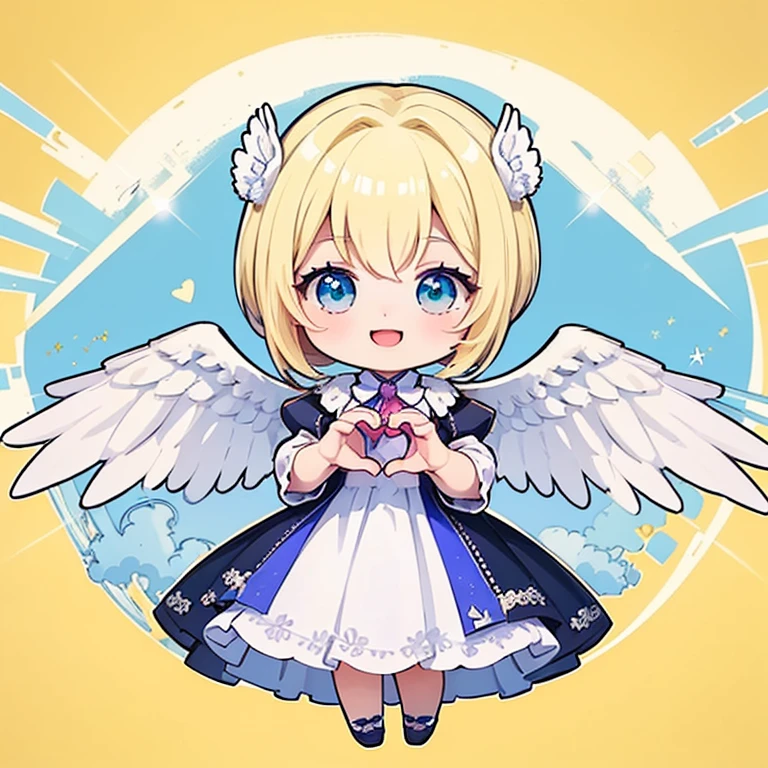 ((Highest quality)), ((masterpiece)), (detailed), Perfect Face, Perfect Arms, anime, Ultra-fine illustration, ((1 person)), ((Chibi Character)), Cute girl, ((Angel)), (Heart Hands, with own hands:1.3), smile, Open your mouth, Blonde, Blue Eyes, Cute Hairstyles, Full Body Shot,