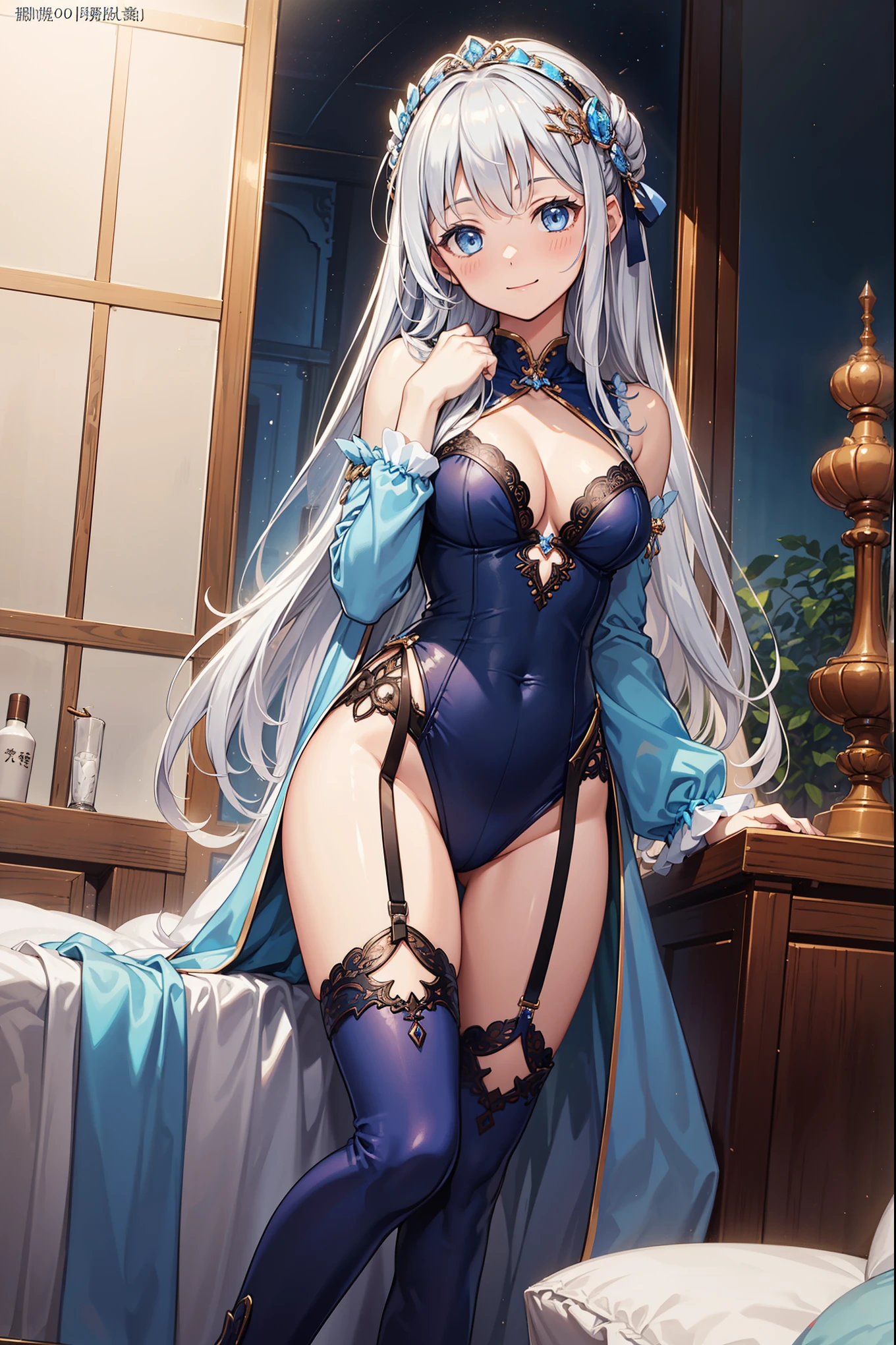 ((highest quality))、((Highest quality))、((Highest Resolution))、masterpiece、adult beauty、Gray Hair, blue eyes, light blue garter belt, Big Breasts、((to close range)), On the bed、