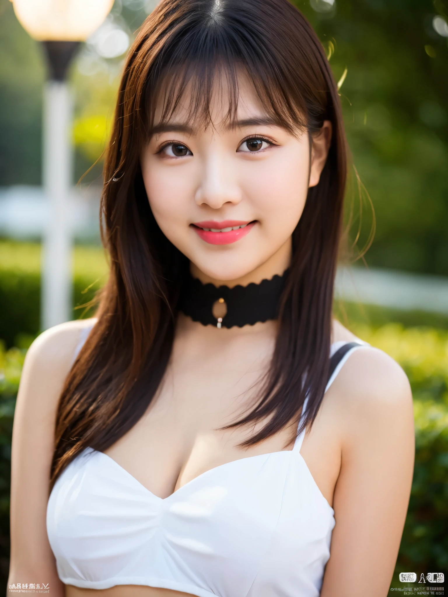 ulzzang-6500-v1.1, (RAW Photos:1.2), (Photorealistic), Beautiful detailed girl, (Genuine: 1.4), Very detailedな目と顔, Beautiful and fine details,  (Strapless blouse, flare skirt, Ultra-realistic pantyhose:1.2, Black choker)、Esbian all over、 (A very loving smile:1.2)、Large file size, High resolution, Very detailed, Highest quality, [masterpiece:1.6], Awareness-raising, Very detailed,  In detail, Highest quality, 8k wallpaper, Cinema Lighting, One Girl, , Perfect figure, Cute droopy eyes、Beautiful big eyes、 ((masterpiece)), Highest quality, One Girl, eye shadow, Upper Body, Portraiture, ((Full Body Shot:1.2))、