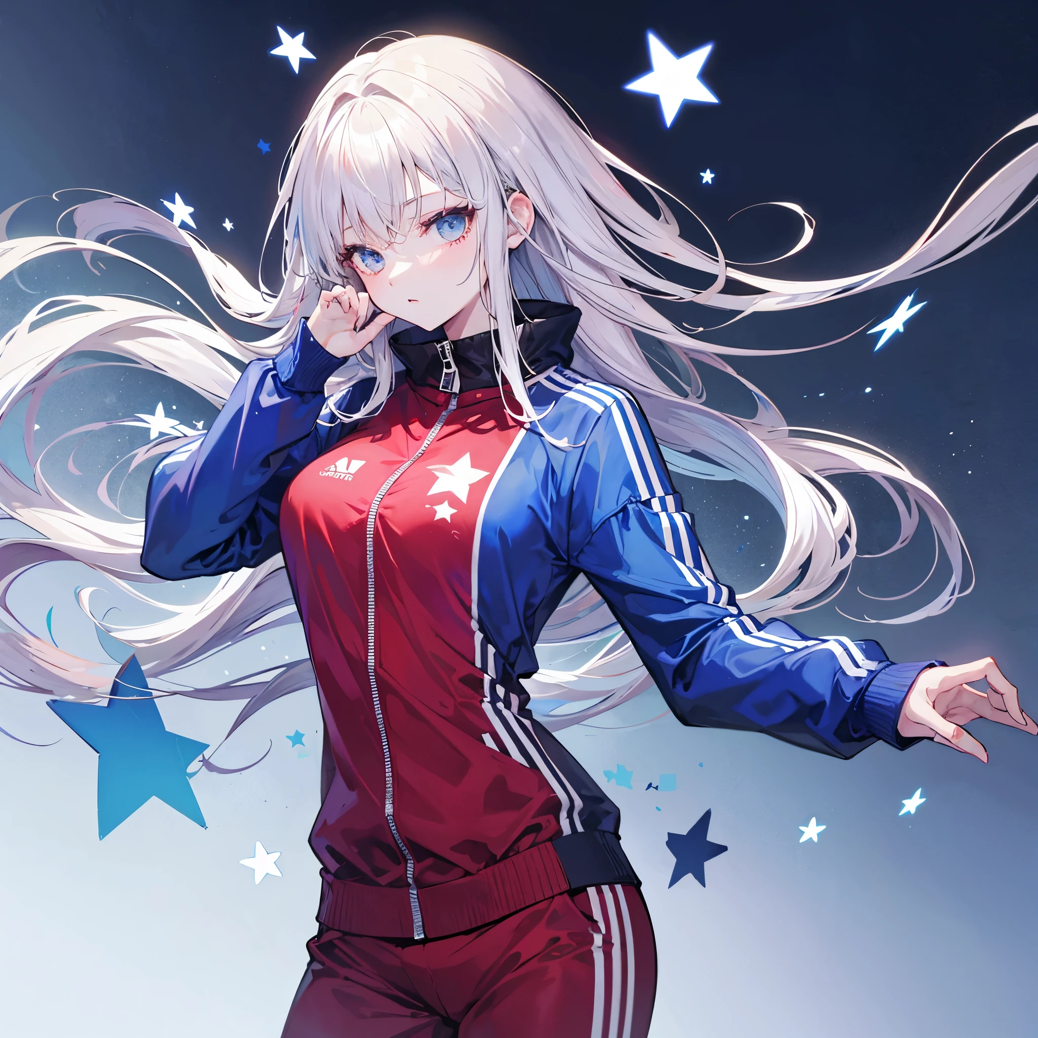 one women (Model)
wears a light blue tracksuit with a star on the chest (masterful) (Exactly) (advertising) アニメ