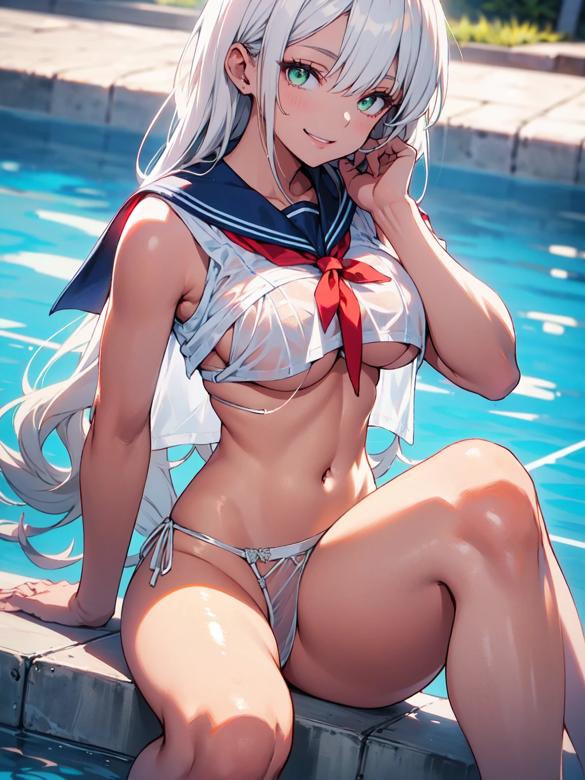 1 lady, HD quality, anime, solo full body shot, (sitting with hands back:1.3), (open legs to limit:1.5), (with one knee up:1.3), showing  pubic area:, (under boob:1.6), Large breasts, (cleavage), shiny skin, smiling, (thin thighs:1.3), (Sailor uniform only for the upper body:1.5), (Crop Top sheer  white shirt:1.5), (sleeveless:1.6), without brassiere, (sheer white tiny micro thong:1.5), poolside, (Green detailed eyes), blue sailor collar, red ribbon tie