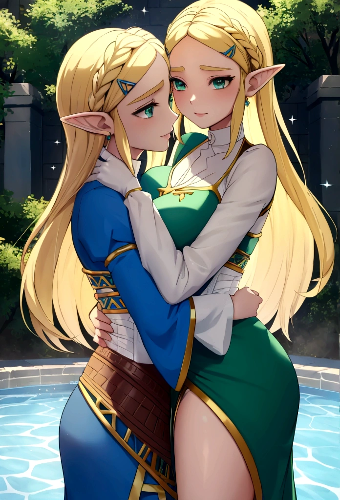 princess zelda, blonde very long hair, green eyes, wearing a sexy blue dress, side slit, ultrasharp, looking at the viewer, ((best quality)), ((masterpiece)), (detailed), perfect face, big breast, sexy body, sexy woman besides her, hugged, An anime scene of two girls hugging and kissing intensely, with hearts and sparkles floating around them as they stand in pool of water