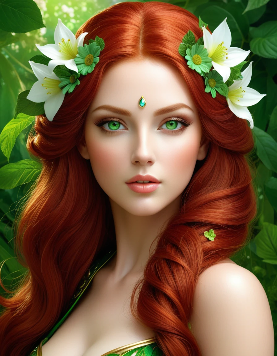 very beautiful portrait of a beautiful goddess, beautiful fantasy girl, Beautiful girl, The mythology of the goddess of the earth, beautiful fantasy portrait, flower goddess, red hair with green eyes detailed face, , in glazing technique , digital painting, glazing technique, 3D графика, HD,