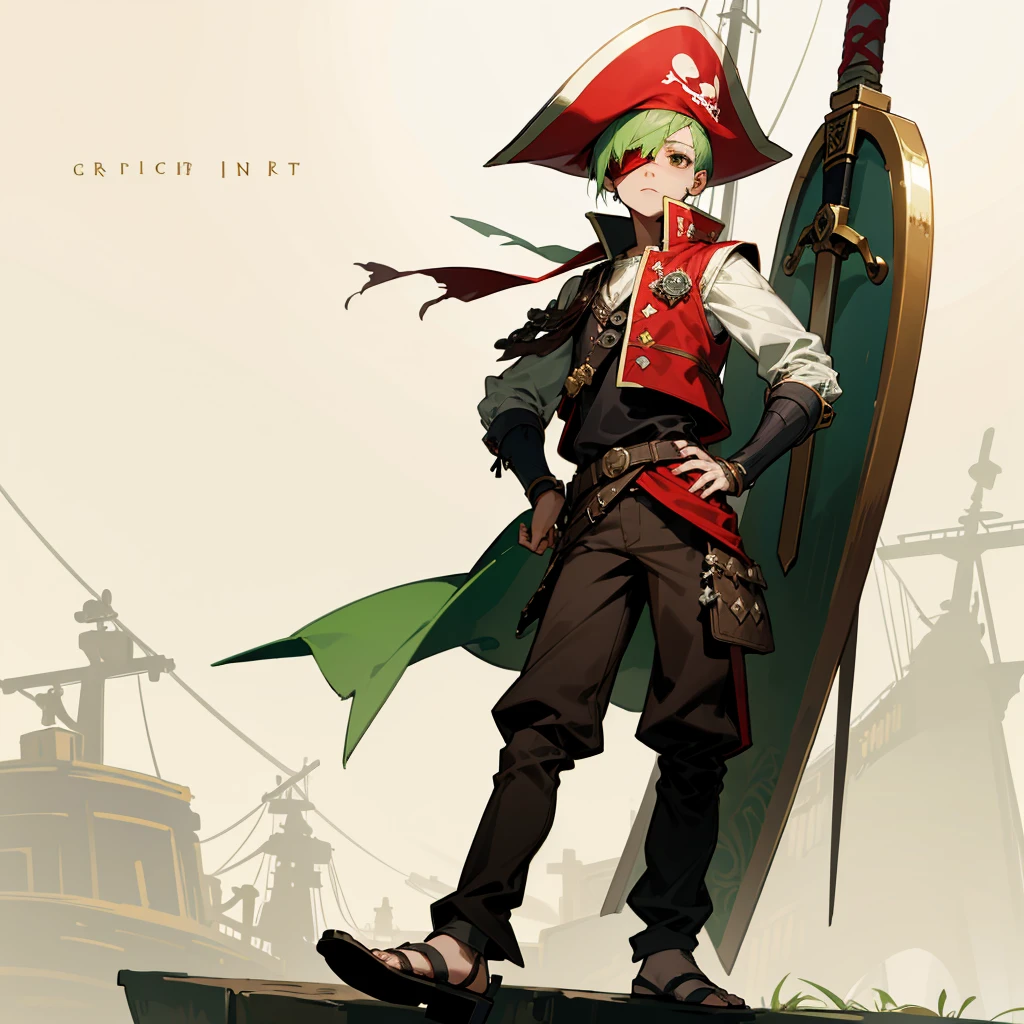 1boy, Full body version, 1character, brown eyes, albino skin, pirate eye patch, buzz cut hairstyle, green colour hair, flat facial expression, small eyes, red pirate hat, templar knight clothing, brown colour clothing, ancient Greek sandals, dagger knife in hand, buckler in hand, armor vest, Grassroots background in Pirate Ship