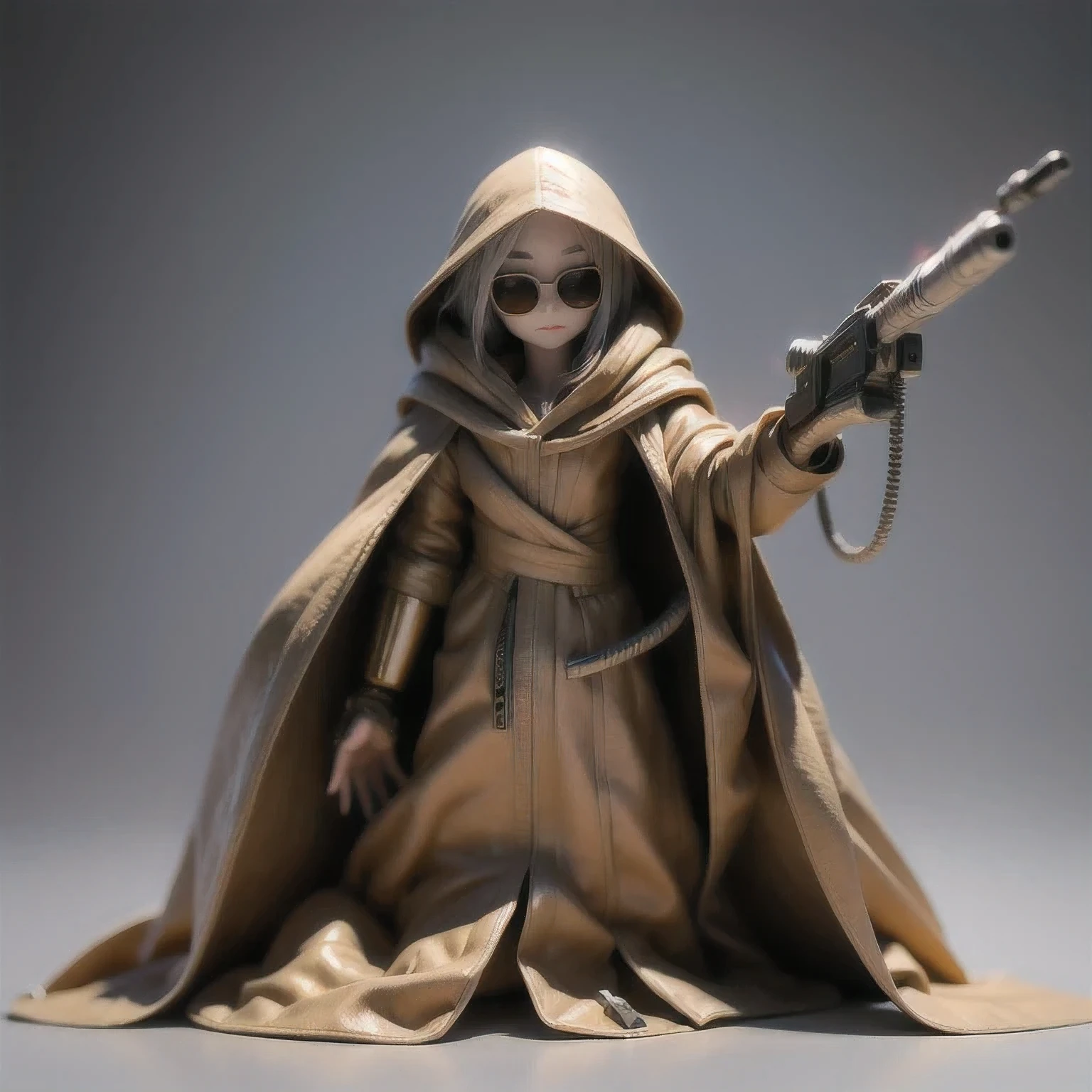 Three-headed body suit copper and gold wire diamond Maya star,Coarse linen cloak rainbow hood platinum silk cyberpunk light crossbow space station 1:900 miniatures,Leather illustration,Side viewing angle,((Side viewing angle)),Wear gold wire-rimmed reflective sunglasses,Carry future weapons,very happy,Side viewing angle,whole body,Stereo,(Nautilus)Octane Rendering,Perfect face,Collagen texture,