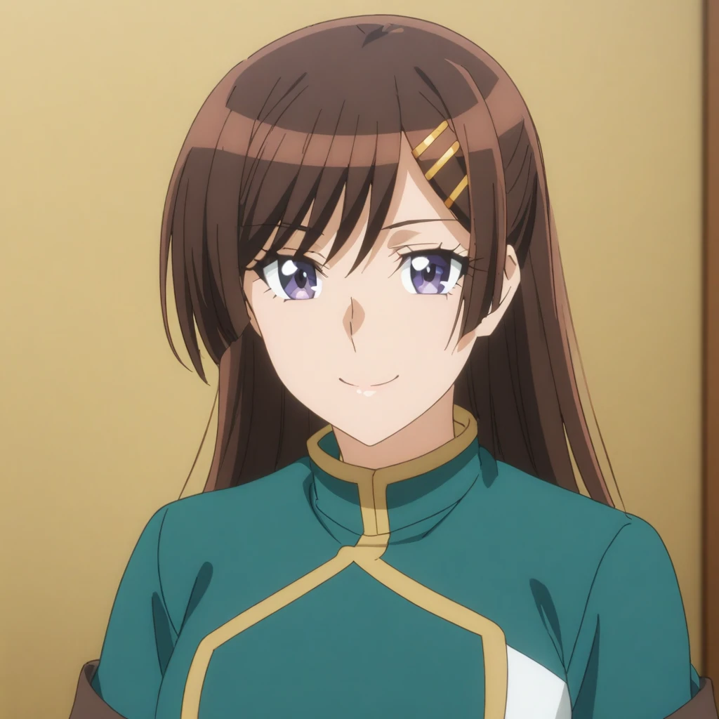 otonashi_hibiki, 1girl, solo, brown hair, purple eyes, brown hair, hair ornament, smile, hairclip, , smile, looking at viewer,