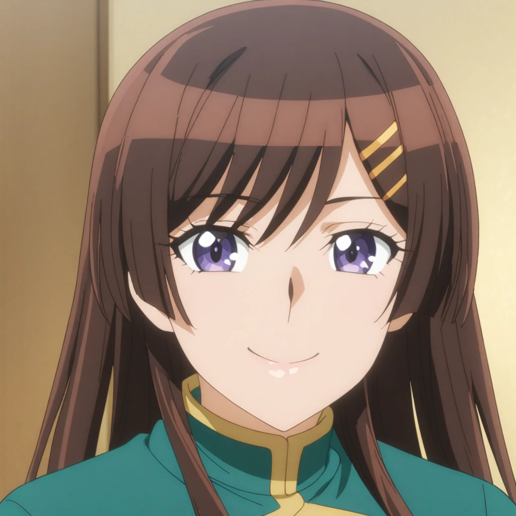 otonashi_hibiki, 1girl, solo, brown hair, purple eyes, brown hair, hair ornament, smile, hairclip, , smile, looking at viewer,