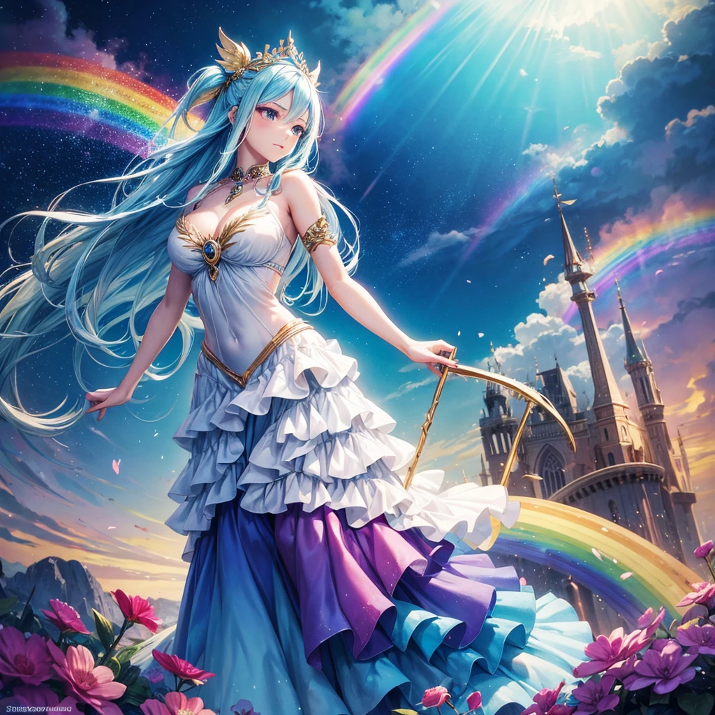 Dream concept, fairy tail, beautiful conceptual fairy, beautiful face, godess, a multicolor cloudy background, rainbow, magical stick, dreamy face, fairy tail, full body, landscape picture conceptual beautiful cartoonic face, full dress,