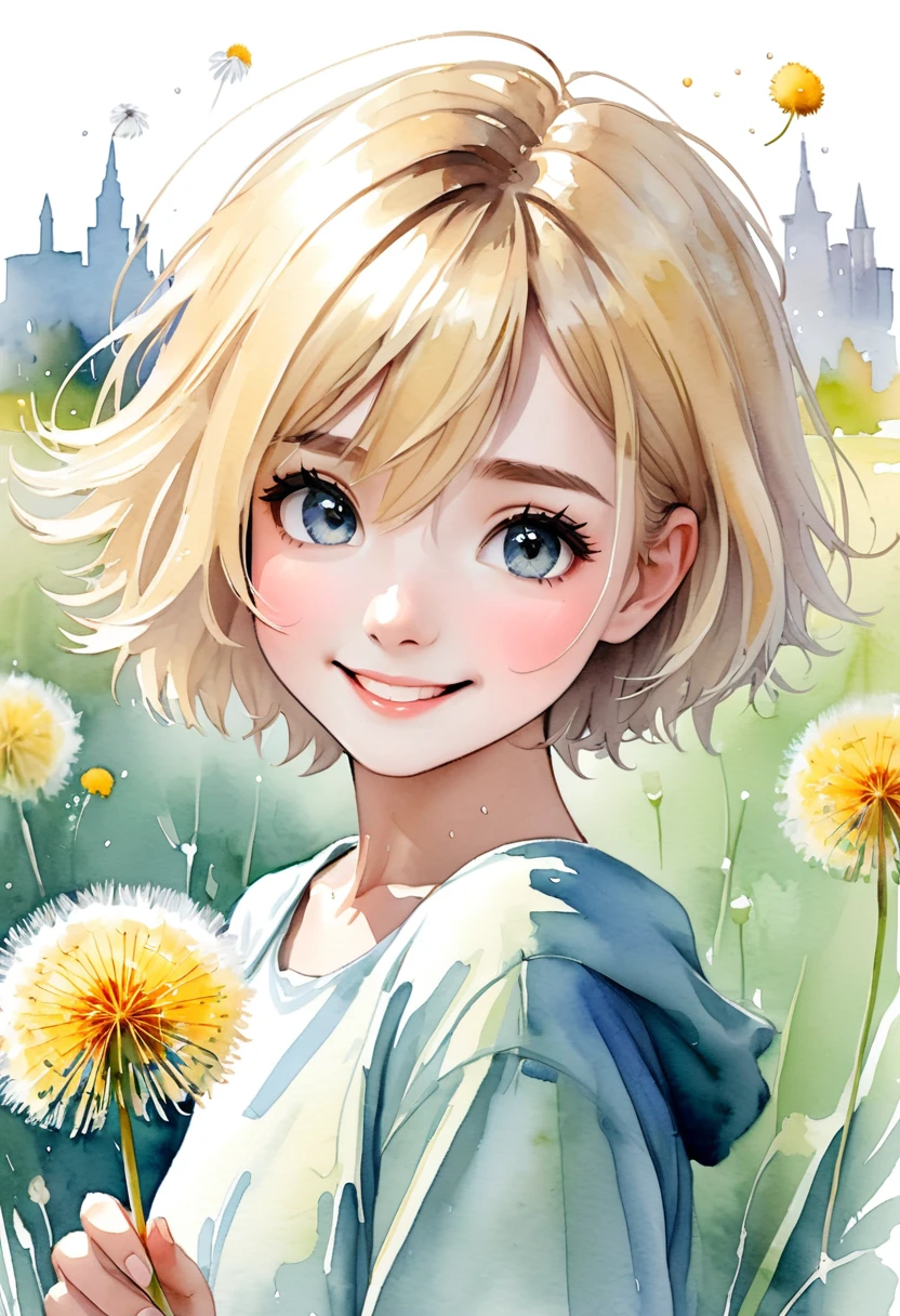 stunning mini-girl, short blonde hair disheveled, sticking out, smile, close-up face, huge eyes, looking at a dandelion, minimalism, blurred watercolor, wet watercolor, watercolor drawing, delicate shades of white