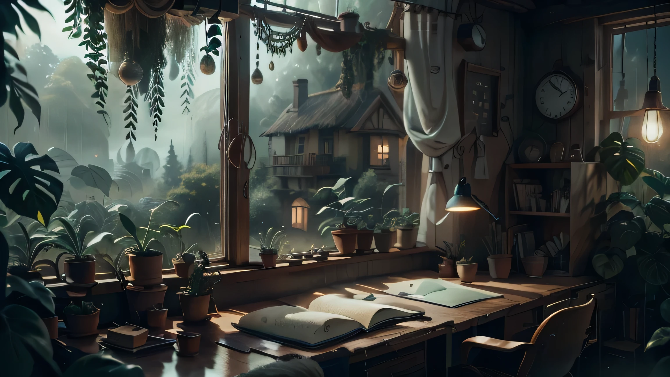 A detailed, cozy office interior with a close up of a large wooden table, a modern desk lamp and a huge glass window overlooking the misty rainforest landscape outside, rain, fog, black sky, photorealistic, studio lighting, 8k, highly detailed, complex, dramatic lighting, moody atmosphere,