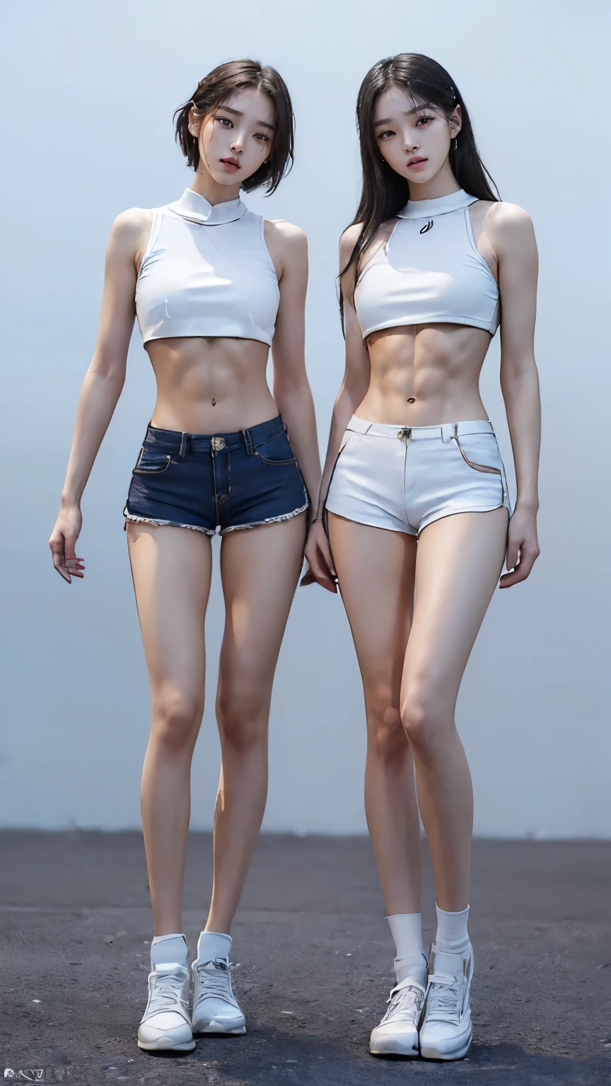 (8K、Raw photo、最high quality、masterpiece:1.5),(((((((Both of them stand with their legs apart:1.9))))))),(((((Both of them have an inseam that is more than half their height.:1.8))))),((Both have bare legs:1.6)),((Both of them are super slim:1.4))，(((((Two girls who look just like WONYOUNG from the k-pop group IVE were photographed:1.9))))),(((They both have super skinny legs:1.6))),(((Both are 173cm tall:1.4))),((Perfect k-pop IVE WONYOUNG style duo:1.3)),(((((Both of them take full body shots:1.8))))),((((Both of you should face your whole body straight ahead.:1.8)))),(((Photographed from below to show the whole body of the legs so that they look longer.:1.7))),Skin irregularities are reproduced in minute detail:1.4, (Super thin waist: 1.2),((超Thin thighs:1.2)), Thin buttocks,Open the navel,１Detailed reproduction of the navel,((Perfect super slim legs:1.3)),(((both of them are the same height:1.3))),(((Both of them have amazingly slim figures.:1.2))),(((Both are wearing micro shorts with a rise of 15cm and an inseam of 1cm.:1.8))),(Both are 16 years old:1.2),((((Both of them are extremely exposed.:1.7)))),(((((Both of them have super-strong abs:1.9))))),((Both of them were wearing short, form-fitting white sports bras.:1.4)),(((Big boobs but no bra:1.4))),(((Both of them had high, erect nipples clearly visible protruding from under their white sports bras.:1.4))),((((Standing in a fashionable theme park on a sunny day:1.4)))),Highly detailed face and skin texture,(Both of you stand with your legs straight and without bending your knees.:1.3),(((They&#39;re both the same height:1.4))),((Both of them look just like WONYOUNG from the K-pop idol IVE.:1.8)), ((((Sunny afternoon:1.3)))),((cute:1.4)),Both are fair-skinned Asians,,Both of them have beautiful eyes,,Both of them have beautiful eyes,,Both of them have beautiful noses, which are realistically reproduced.,Both of them have realistic eyes.,Both have beautiful mouths,((They both have beautiful fingers)),nail,Both of them have beautiful faces.,Both of their beautiful faces are realistically reproduced.,cute,(Ultra-Realistic Details), Natural Shadows,(Very small hips:1.4),Large firm breasts, Super long thighs,(((超Thin thighs:1.2))),(((Super slim calves))),(Both of them have the slender bodies of well-trained track and field athletes.:1.5),(Super muscular body:1.5),Super toned waist,(Super thin waist:1.3),((White high heels:1.2)),lengthen limbs,(((((Shooting the whole body from calf height:1.6))))),(Both of them have slim, toned ankles.:1.2),((((Wide open abdomen:1.5)))),Hands on hips,Both of them face forward,((Both figures have detailed and clear reproduction of the crotch area.)),((Super long legs:1.3)),Thin thighs,((Both of them have bare legs.:1.6)),((Both of them are showing off their legs in a very extreme way.:1.5),((Both of them are showing off their bellies in an extremely extreme way.:1.4),(Black hair ponytail),(Neither of them wears tights or socks.:1.5),((Both of them stand up straight.)),((Keep your hips facing forward:1.5)),2人とも8頭身スタイルBeauty,The ankles are super thin,The arms are very thin and muscular,Make your arms thinner,(((Clearly reproduces the skin texture of the legs down to the finest detail))),Faithfully reproducing the fingers of the hand,(Both of them have super long legs.),(Accurate reproduction of each finger:1.3),(((Each toe is accurately reproduced:1.2))),The middle of the thighs are very thin,(((Clearly reproduces the muscle texture of ultra-muscular and ultra-thin calf skin))),(((超筋肉質な超Thin thighsの肌の筋肉質感を明確に再現する))),(Very tight waist:1.2),((Both of them have an inseam that is more than half their height.の美脚:1.6)),(Extremely thin thighs:1.2),Beauty,Fine skin,Firm skin,(((Both of them should fit from the top of their heads to the toes of their heels.:1.5))),(((They both have super skinny legsの肌を細部まで忠実に再現する))),(Both of them are super muscular and have super thin legs with realistic skin.:1.3),((Realistically reproduces the fine details of toned, slender leg skin:1.3)),((Dazzling Midsummer)),(((Both of them have super-strong quadriceps:1.6))),(((Both of them have extremely well-trained gastrocnemius and soleus muscles.:1.6))),((2人とも超細くてSuper long legs:1.2)),Front lighting,Super detailed, High detail, high quality, Awards,High resolution,(Anatomically correct:1.5)