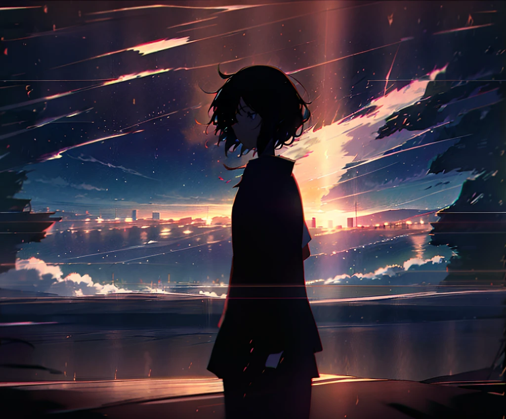 Films by Makoto Shinkai「Your Name。」Wallpapers inspired by. Starry Sky, masterpiece, Black silhouette, Perfect Anatomy, romantic, Kimi No Na Wa, Highly detailed face、girl、Cute face, Perfect Face, masterpiece, 4K, in love, Your name style, Kimi No Na Wa, Starry Sky, Black silhouette, Shadow