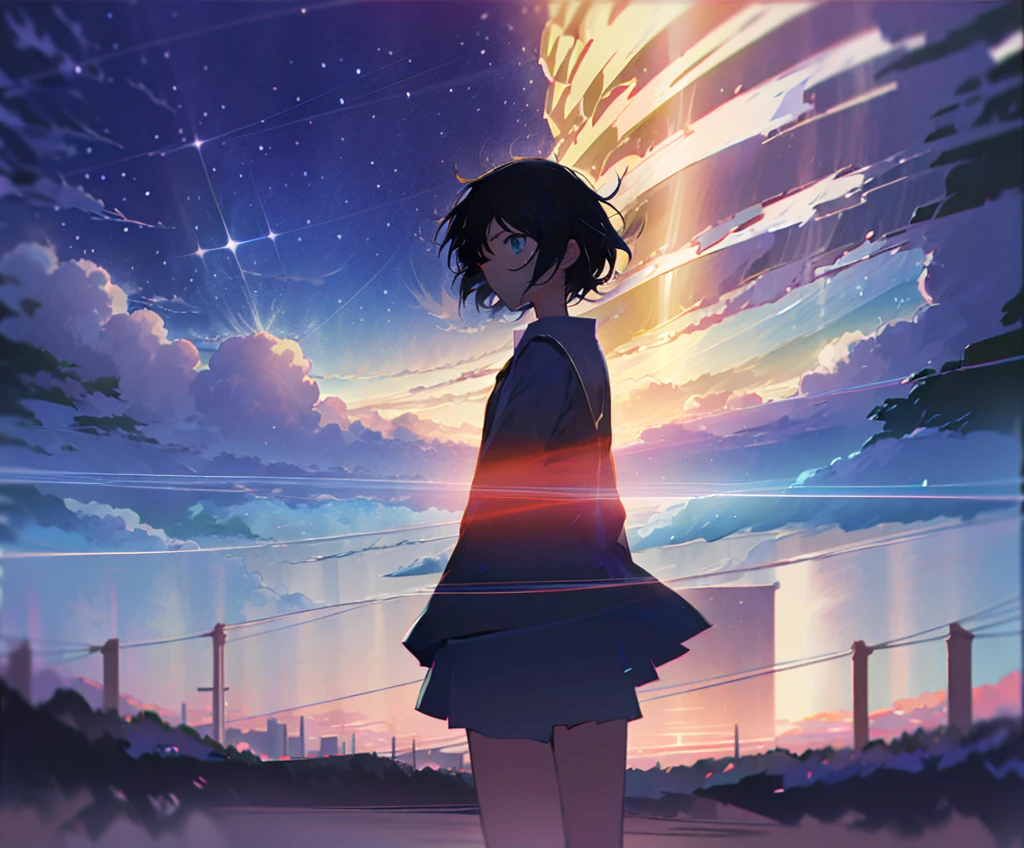 Films by Makoto Shinkai「Your Name。」Wallpapers inspired by. Starry Sky, masterpiece, Black silhouette, Perfect Anatomy, romantic, Kimi No Na Wa, Highly detailed face、girl、Cute face, Perfect Face, masterpiece, 4K, in love, Your name style, Kimi No Na Wa, Starry Sky,  Black silhouette, Shadow