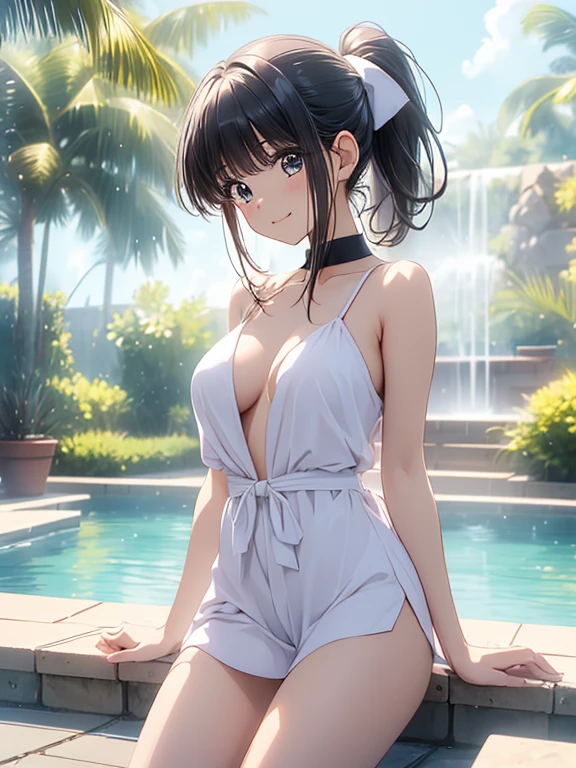 Best image quality, (ponytail)、((Fully naked body))、8K, high quality, masterpiece:1.2), ((masterpiece)), (High detail, high quality, Best image quality), Bokeh, Depth of written boundary, Portraiture, Open Stance, (Cute illustrations:1.2), Poolside, (さまざまな髪の色とponytailの複数の女の子:1.2), Three Girls, Dawn, Beautiful light, Professional Lighting, (Mid-chest), ( Bright colors ), (Idol Master), Cute round face girl, sexy, Dynamic pose, An exciting mood, smile, Dynamic Angle, Underarm,, Crotch cutout, No crotch, No pants, Pussy, ,, Big Breasts, blush,((Open your feet wide))