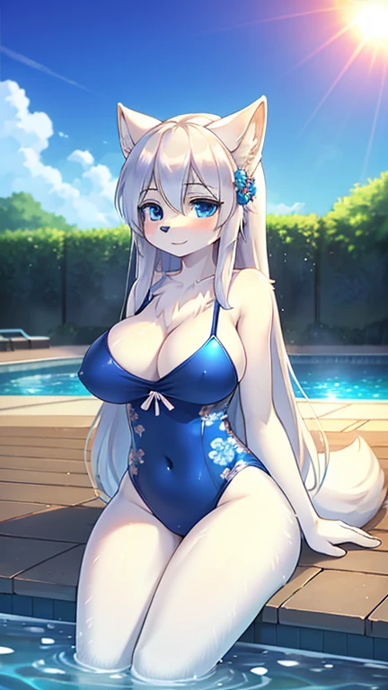 best quality, best resolution, (fluffy anthro furry), arctic fox girl, silver hair, blue eyes, (white fur), long straight hair, big breast, sophisticated manner, (dark blue one piece swimsuit with subtle floral pattern), sitting in water, lavish pool, sun rays, wet