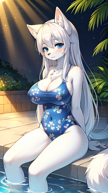 best quality, best resolution, (fluffy anthro furry), arctic fox girl, silver hair, blue eyes, (white fur), long straight hair, big breast, sophisticated manner, (dark blue one piece swimsuit with subtle floral pattern), sitting in water, lavish pool, sun rays, wet