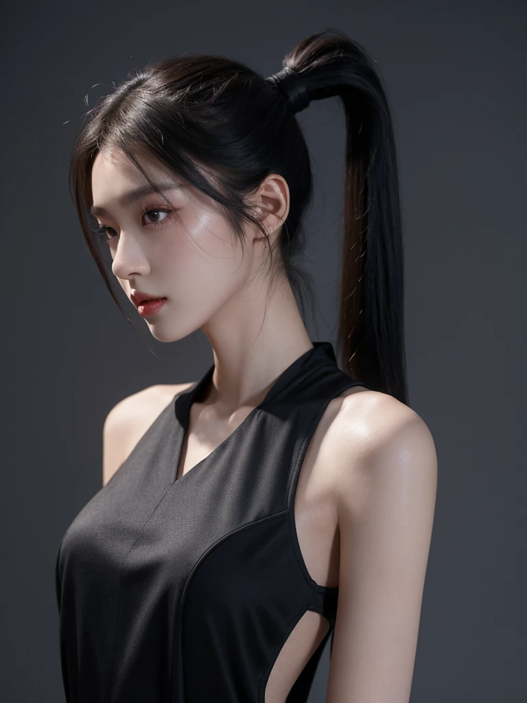 korean model , slim body , 167cm ，Movie Angle，long black ponytails hairstyle, （Cute girl，anatomy correct，thin dress，（ art，geomerty），（plethora of colorest quality，high detal，tmasterpiece，Cinematic lighting effects，4K，Chiaroscuro）
