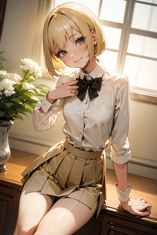 Best quality,fine quality products,detailed,gayaru,slim,blonde bobcut hair,very small breasts,shirt,pleated skirt,looking happy