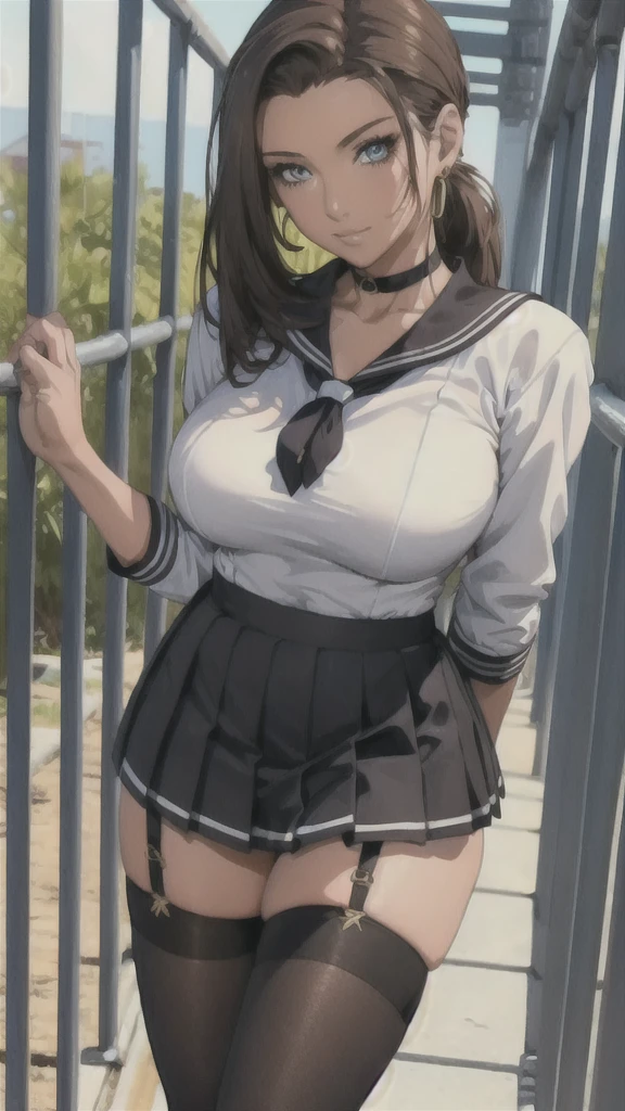 ((Correct Anatomy)),(Detailed image quality),(Female student)、((school uniform))、((Sailor suit))、(Mini Pleated Skirt),(((Black Stockings))),((School Uniform)),((standing)),Ultra-high resolution,Mature Woman, Mature Woman, Very detailed,Sunburned skin,Brown Skin,((Beautiful legs)), (Big Breasts),((Beautiful feet)),Perfect hands, Detailed fingers, Beautiful details, ((Long, long hair)),((ponytail)),Black Choker, Earrings,loafers,Perfect Eyes, Captivating eyes,(School stairs)