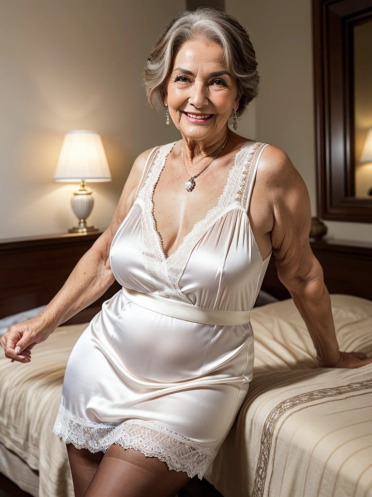 Mature old woman 80 years with brown hair, plus size, old face and body with many wrinkles, loose skin, smiling standing at bedroom posing for photo, She wearing satin black dress with white pattern and white lace stockings, side view. jaw dropping mature older beauty, old face and body with wrinkles, old face, attractive grandma, a gorgeous old hair, beautiful old grandma, lovely older mature grandma, gorgeous beautiful grandma over 80 years old, beautiful brown hair grandma, beautiful detailed body and face, a beautiful old granny