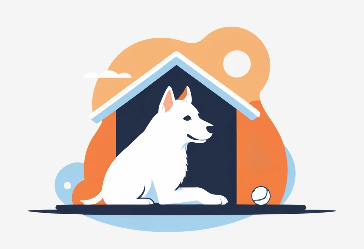 score_9, score_8_up, score_7_up, score_6_up, score_5_up, score_4_up, logo, A logo for a dog hottel, (fullbody), ((white dog:1.25), dog layin under the roof, ball near dog, pastell colors (orange, dark blue, blue, brown), LogoRedAF