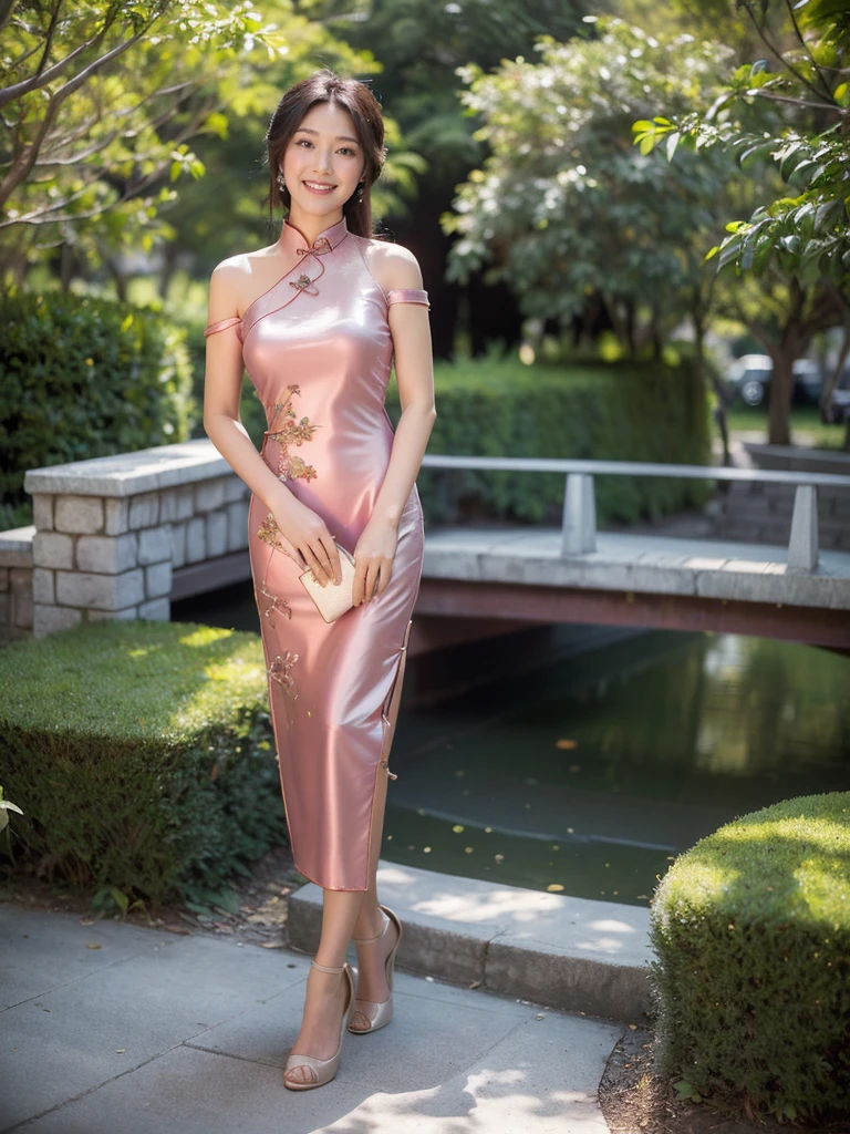 最high quality, 8K, Masseter area, Full of energy, Be focused, high quality, high resolution, Delicate face, Fine particles, thick lips, (Looking at the audience), solitary, Beautiful woman, 25 years old, Plum, Black long hair, (Light-colored one-shoulder cheongsam dress:1.5),night,Without sunlight,In front of the park garden,(Standing in the park:1.5)、((Smile:1.5))、((Wearing black high heels)),High target