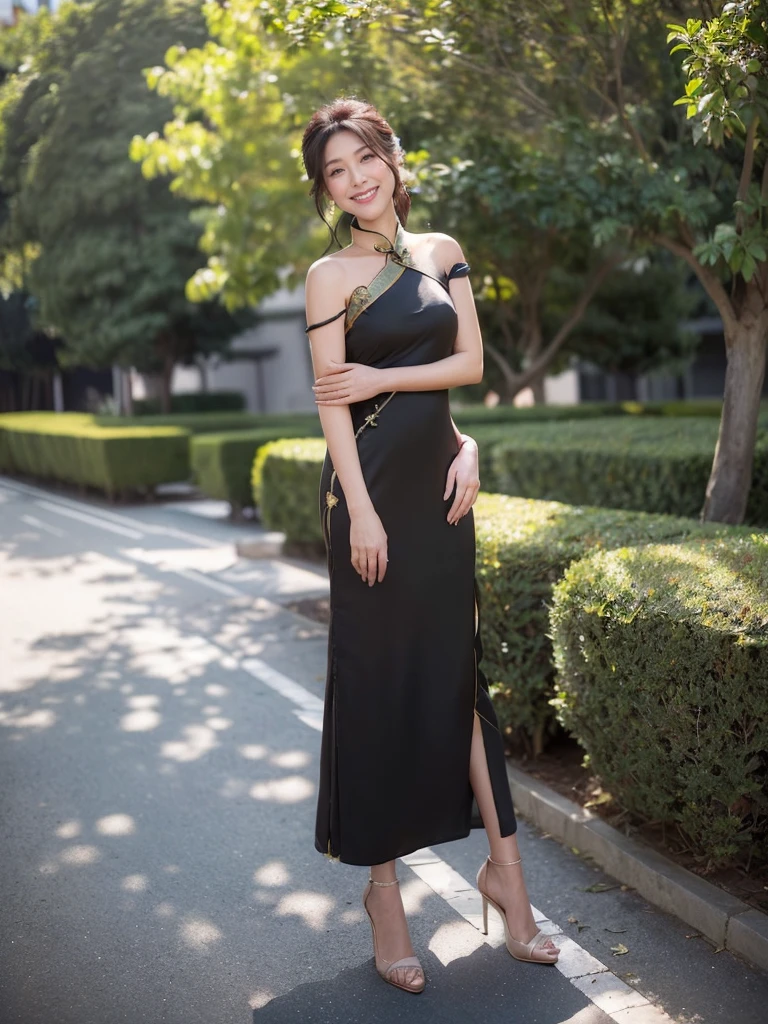 最high quality, 8K, Masseter area, Full of energy, Be focused, high quality, high resolution, Delicate face, Fine particles, thick lips, (Looking at the audience), solitary, Beautiful woman, 25 years old, Plum, Black long hair, (Light-colored one-shoulder cheongsam dress:1.5),night,Without sunlight,In front of the park garden,(Standing in the park:1.5)、((Smile:1.5))、((Wearing black high heels)),High target
