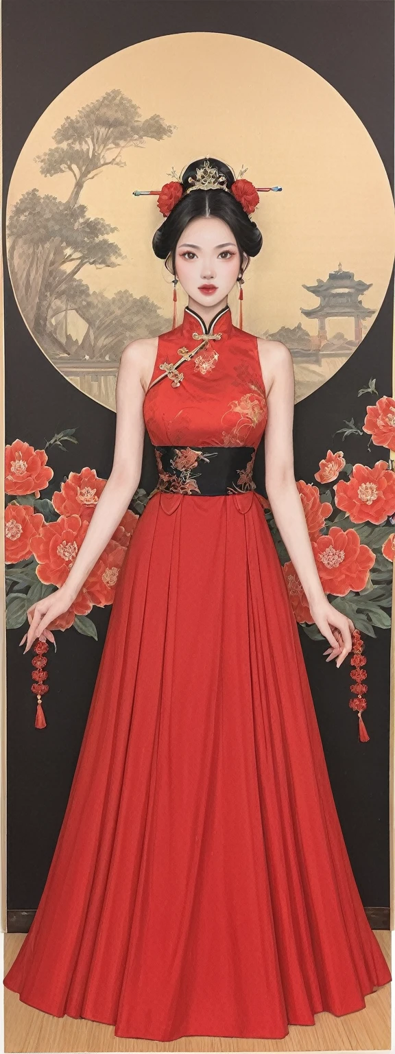 In a captivating scene, a woman stands as a beautiful fantasy queen, wearing a red dress that exudes elegance and power. Her close-up reveals red flowers in her hair, adding a touch of natural beauty to her regal appearance. This portrayal is inspired by the artistic styles of Lan Ying and Qiu Ying, known for their mastery in traditional Chinese painting.
The full-body xianxia (fantasy) depiction of the queen is reminiscent of the works of Zhu Lian, a renowned figure in Chinese art history. She is the Queen of China, her presence commanding and majestic, evoking the grandeur of a palace.
Surrounding her is a girl wearing Hanfu, a traditional Chinese garment, inspired by the works of Huang Ji and Wang Meng, both prominent figures in Chinese painting. This scene combines elements of historical and fantasy art, creating a visual narrative that is both culturally rich and aesthetically pleasing. The queen, at the center of this scene, is a symbol of beauty, power, and the rich cultural heritage of China.
