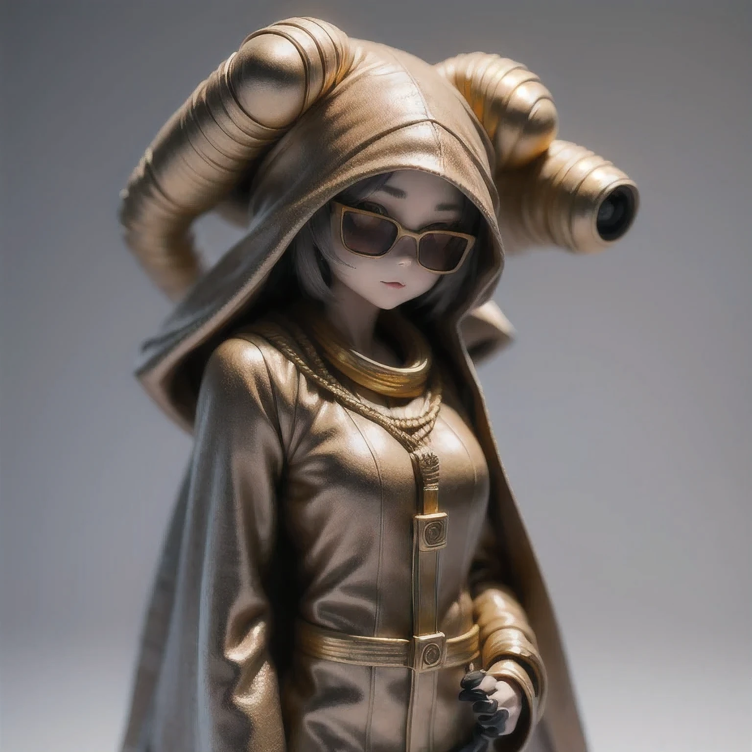 Three-headed body suit copper and gold wire diamond Maya star,Coarse linen cloak rainbow hood platinum silk cyberpunk light crossbow space station 1:900 miniatures,Leather illustration,Side viewing angle,((Side viewing angle)),Wear gold wire-rimmed reflective sunglasses,Carry future weapons,very happy,Side viewing angle,whole body,Stereo,(Nautilus)Octane Rendering,Perfect face,Collagen texture,