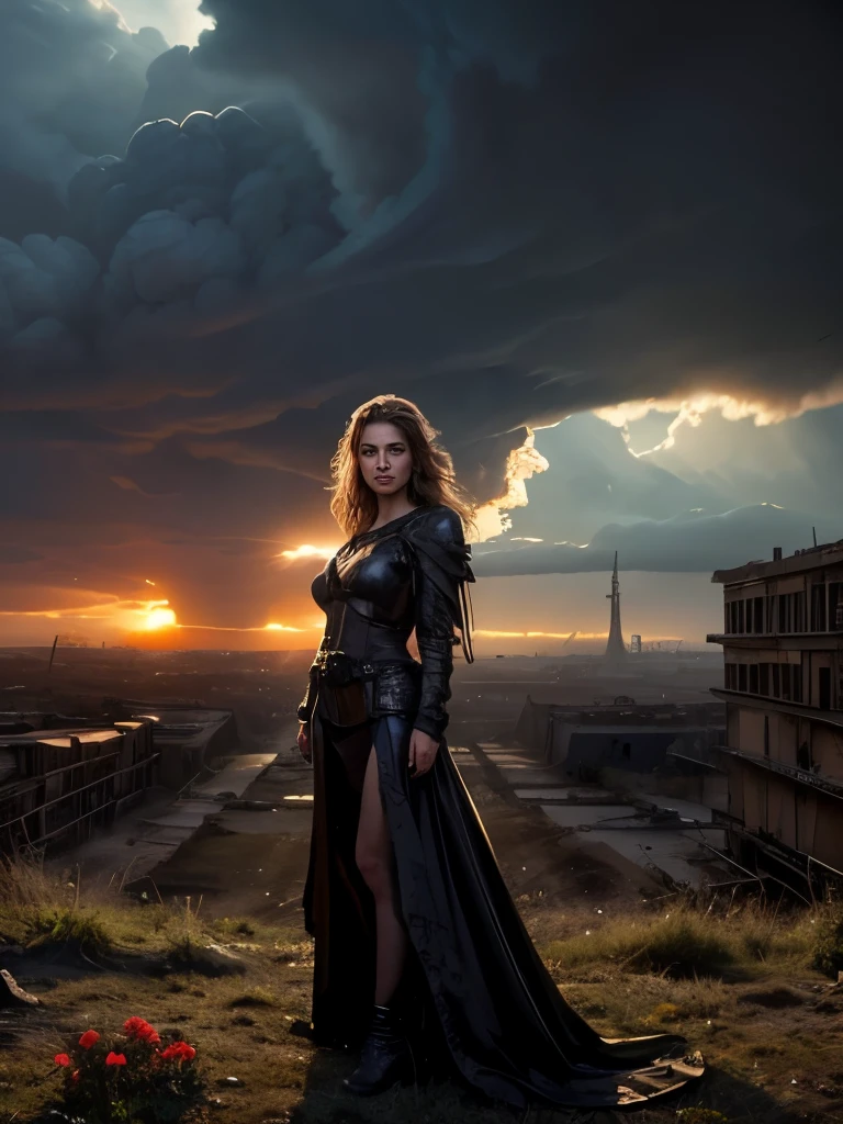 Masterpiece Oil painting, ((resilient)) 1 gorgeous European woman. Age 23. standing amidst nuclear wasteland ruins, delicate flowers emerging from the desolation, ominous clouds casting shadows, ((haunting beauty)), post-apocalyptic. Dramatic light.