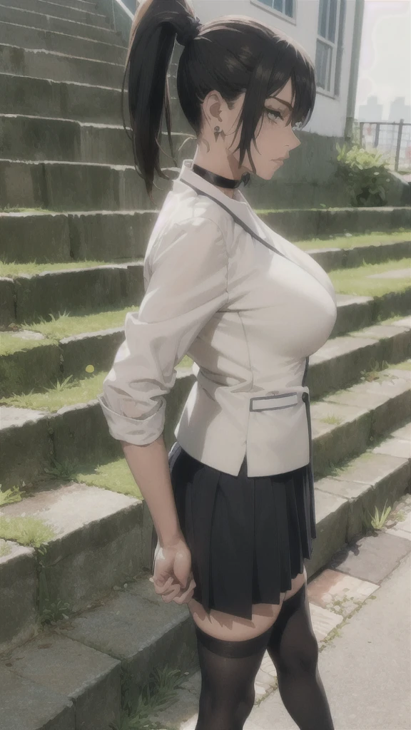 ((Correct Anatomy)),(Detailed image quality),(Female student)、((school uniform))、((Sailor suit))、(Mini Pleated Skirt),(((Black Stockings))),((School Uniform)),((standing)),Ultra-high resolution,Mature Woman, Mature Woman, Very detailed,Sunburned skin,Brown Skin,((Beautiful legs)), (Big Breasts),((Beautiful feet)),Perfect hands, Detailed fingers, Beautiful details, ((Long, long hair)),((ponytail)),Black Choker, Earrings,loafers,Perfect Eyes, Captivating eyes,(School stairs)